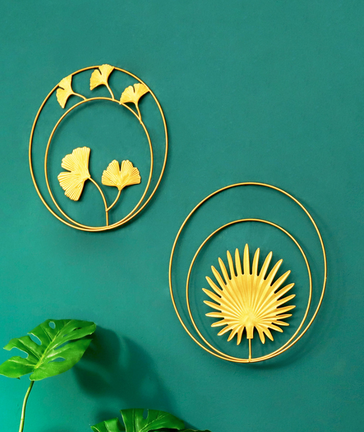 Ornament Gold Round Ginkgo Leaf Background Wall Decoration Living Room Wall Home Decor Luxury Wrought Iron Wall Hanging