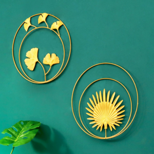 Ornament Gold Round Ginkgo Leaf Background Wall Decoration Living Room Wall Home Decor Luxury Wrought Iron Wall Hanging