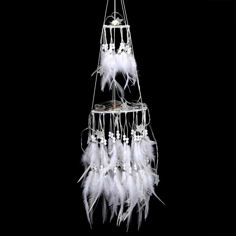 Double Circle White Feather Dream Catcher LED Fairy Lights Wall Hanging Ornaments Ceiling Decor for Bedroom Decor Wedding Decor