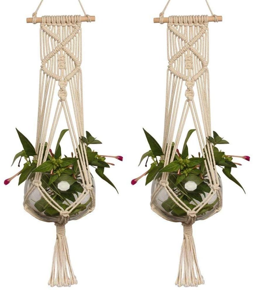 LANGUGU Set of 2 Macrame Plant Hanger with Wooden Dowel Wall Hanging Planter Basket for Indoor Outdoor Flower Pot Plant Holder