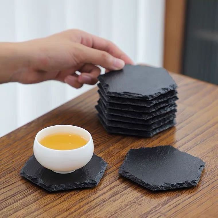 DR-NY Cheap Wholesale Black Non-Slip Engraving Drink Slate Stone Bulk Coasters Set Round Blank Gift Box With Holder