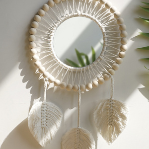 DR-NY Boho Wall Decor Mirror Macrame Circle Hanging Mirror for Bedroom Living Room Apartment Entryway Home Decor