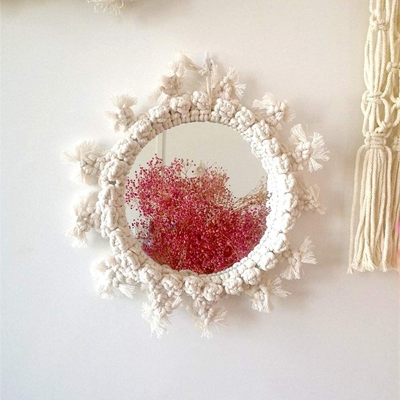 Round Antique Mirror Frame Art, Bohemian Handmade  Macrame Wall Mirror