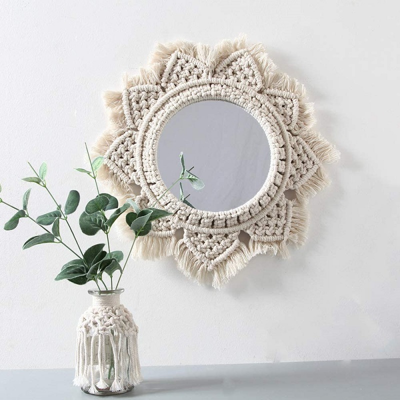 Round Antique Mirror Frame Art, Bohemian Handmade  Macrame Wall Mirror