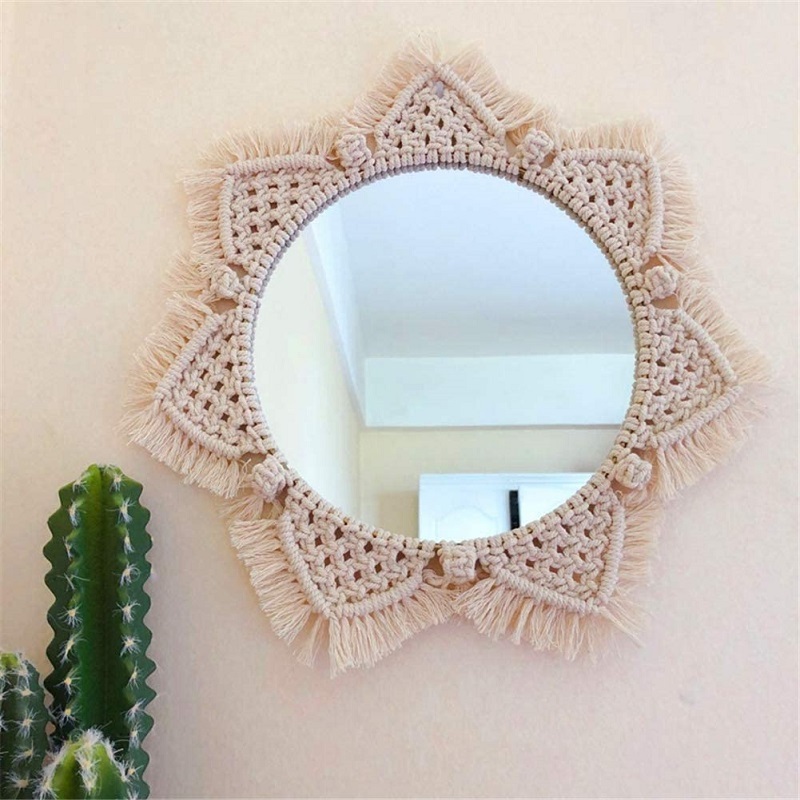 Round Antique Mirror Frame Art, Bohemian Handmade  Macrame Wall Mirror