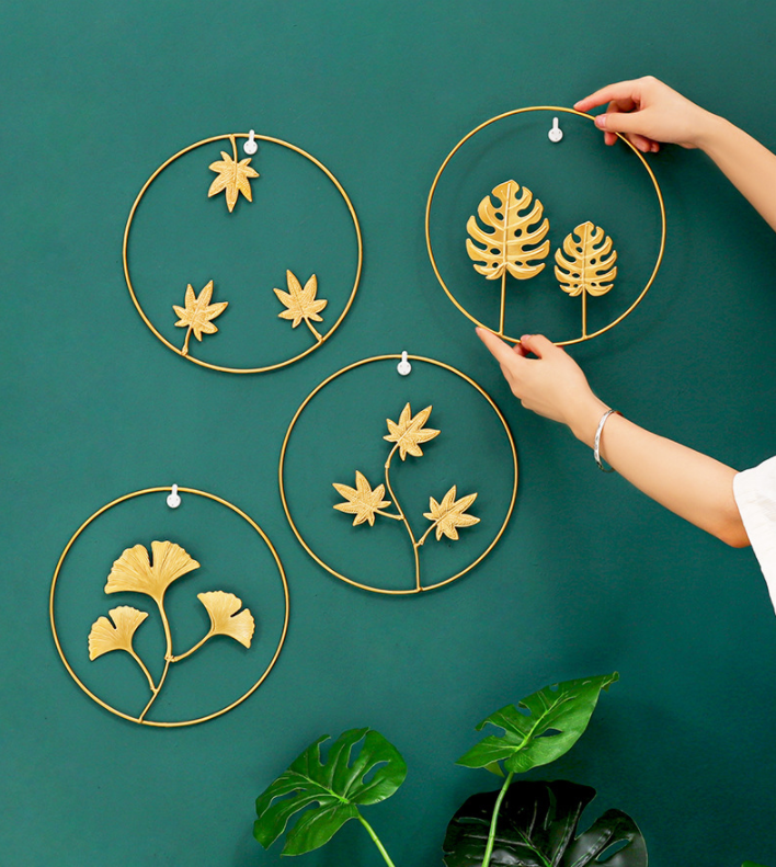 Ornament Gold Round Ginkgo Leaf Background Wall Decoration Living Room Wall Home Decor Luxury Wrought Iron Wall Hanging