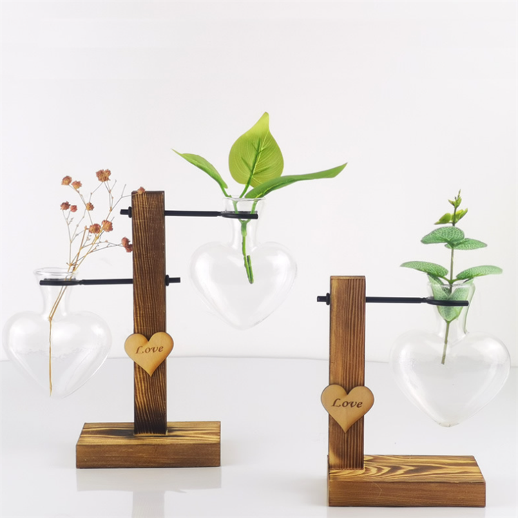 Retro Solid Wooden Stand & Metal Swivel Holder Glass Terrarium Planter Desktop Glass Planter Bulb Vase