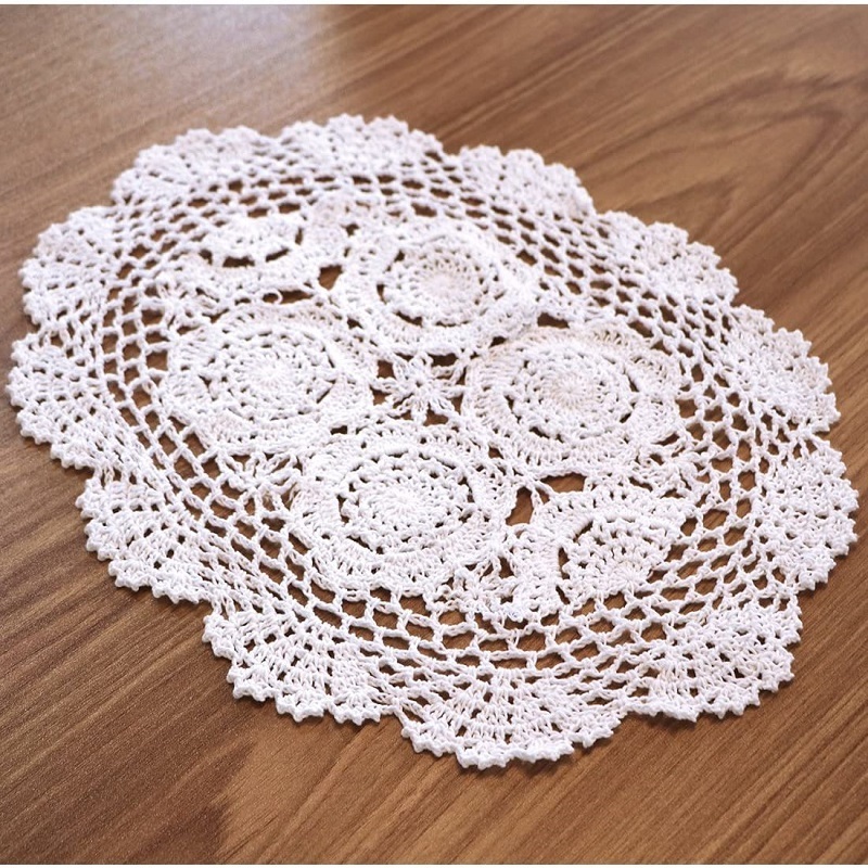 Handmade Crochet Cotton Lace Table Placemats Doilies Pack, 4pc, White, Blossoms, 10 inch