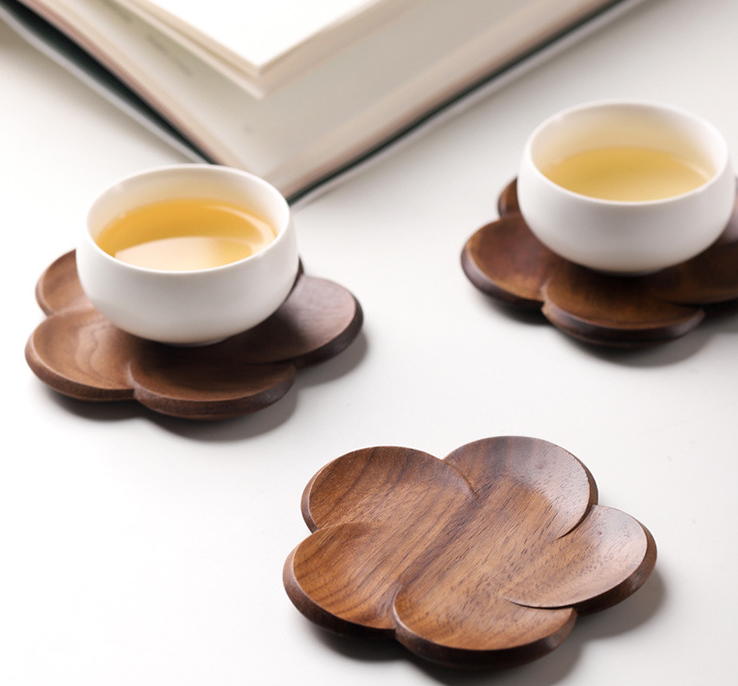 Japanese Style Black Walnut Coaster Table Decoration Petal Heat-Resistant Beverage Pad Home Dining Table Tea Coffee Cup Pad