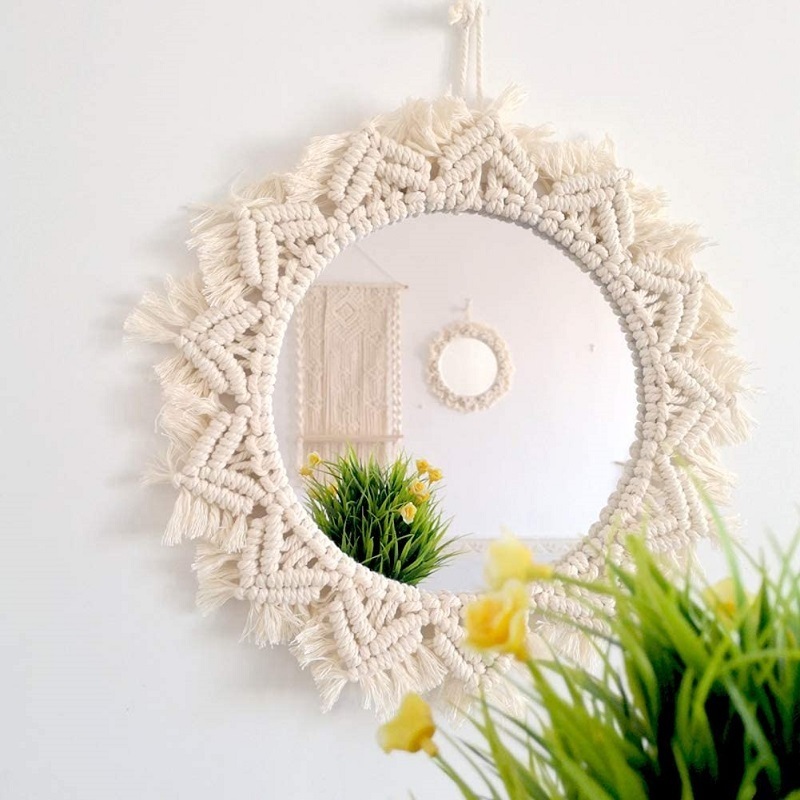 Round Antique Mirror Frame Art, Bohemian Handmade  Macrame Wall Mirror