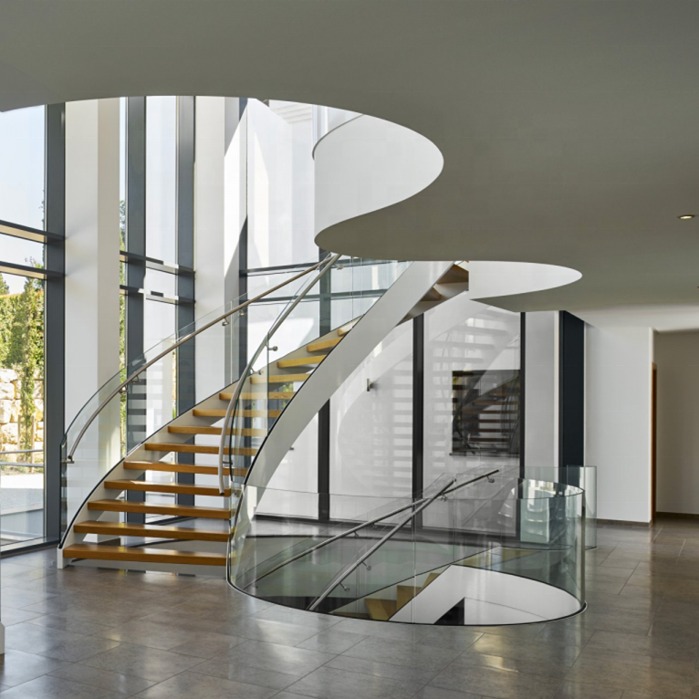 curved wood stairs with the stainless steel rod bar railing