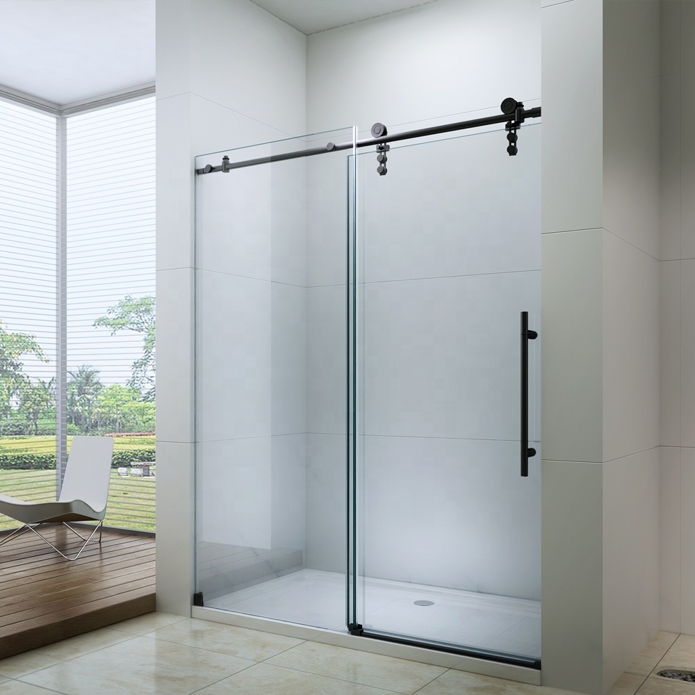 tempered glass shower wall panels with black hardware sliding door