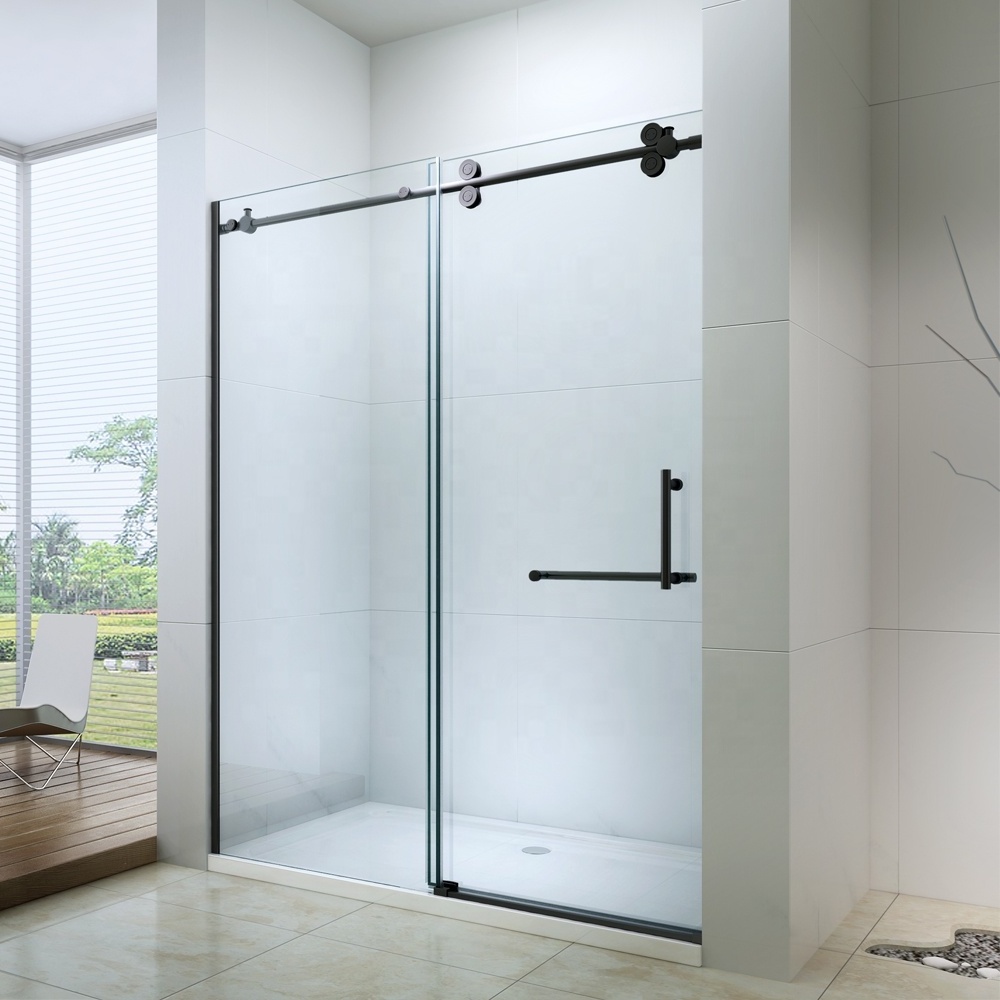 tempered glass shower wall panels with black hardware sliding door