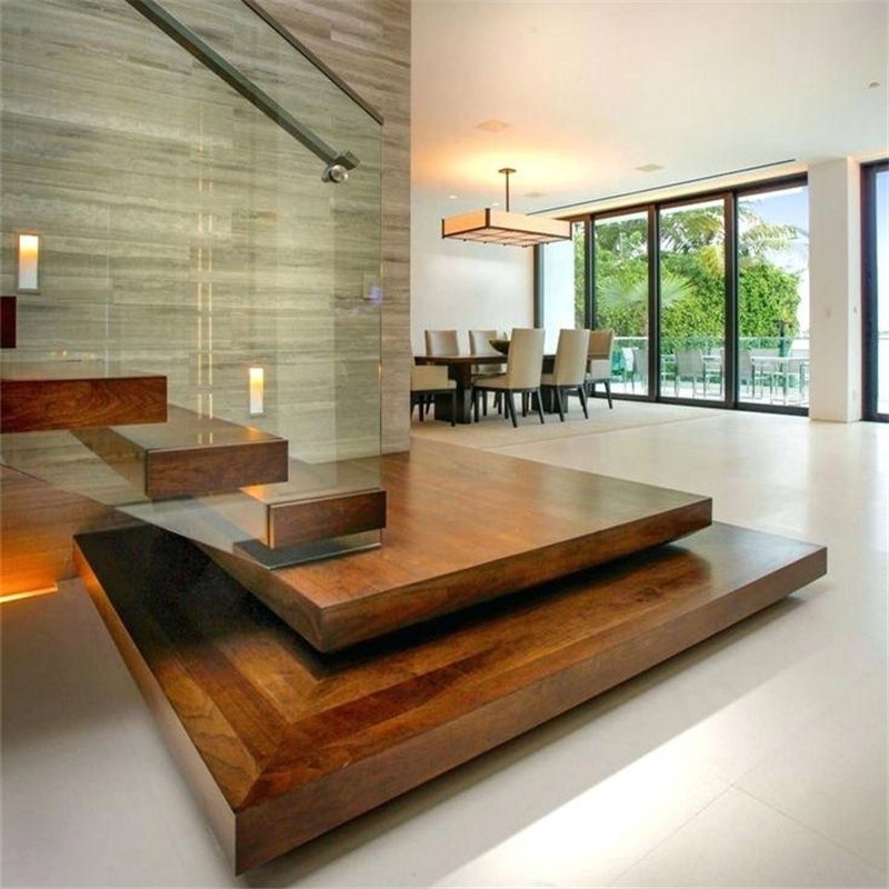 DAIYA wooden floating stair with big landing led light toughened glass railing