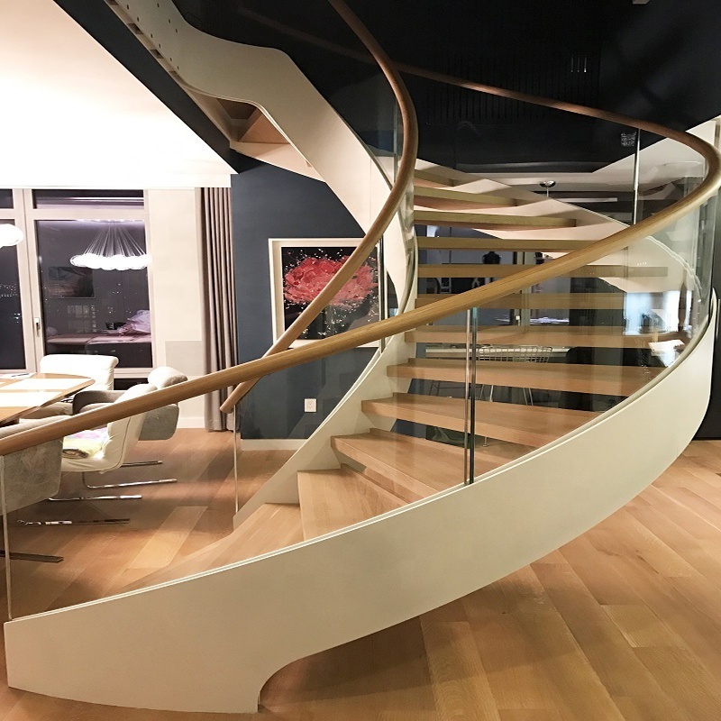 curved wood stairs with the stainless steel rod bar railing