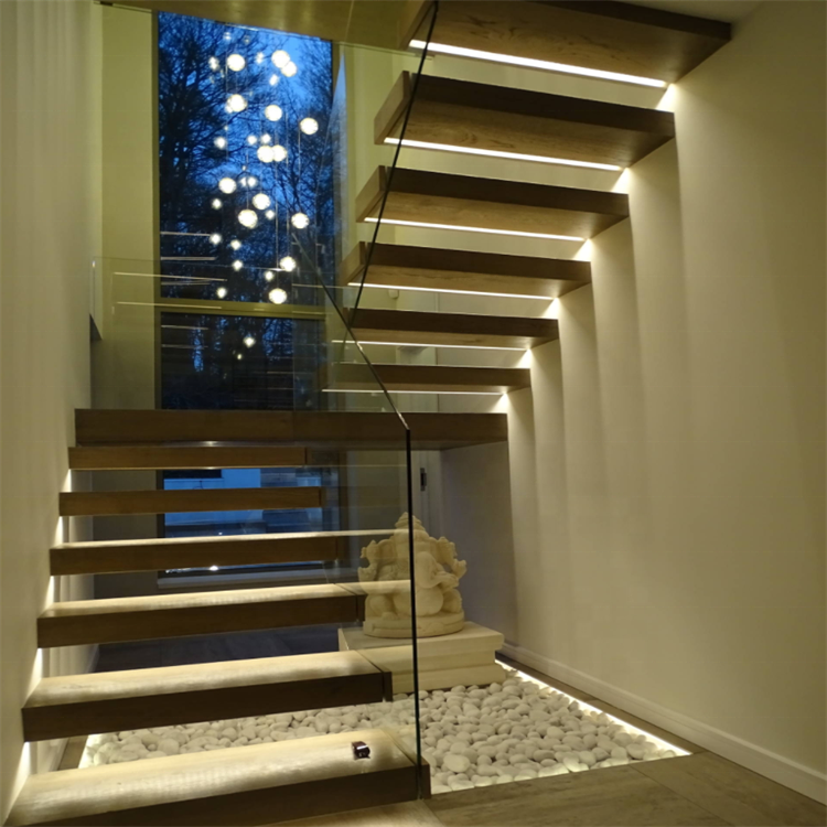 DAIYA wooden floating stair with big landing led light toughened glass railing