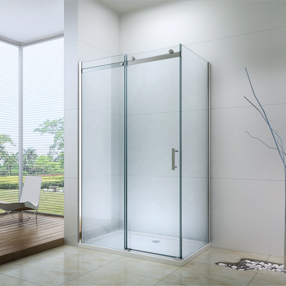 tempered glass shower wall panels with black hardware sliding door