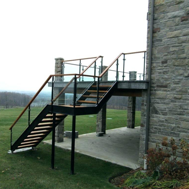 DAIYA metal stairs and landings with teak wooden tread glass railing