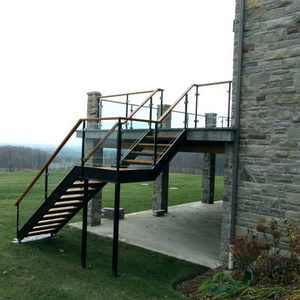 DAIYA metal stairs and landings with teak wooden tread glass railing