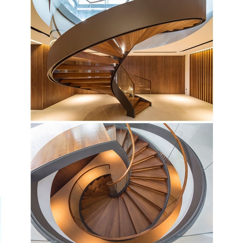 curved wood stairs with the stainless steel rod bar railing