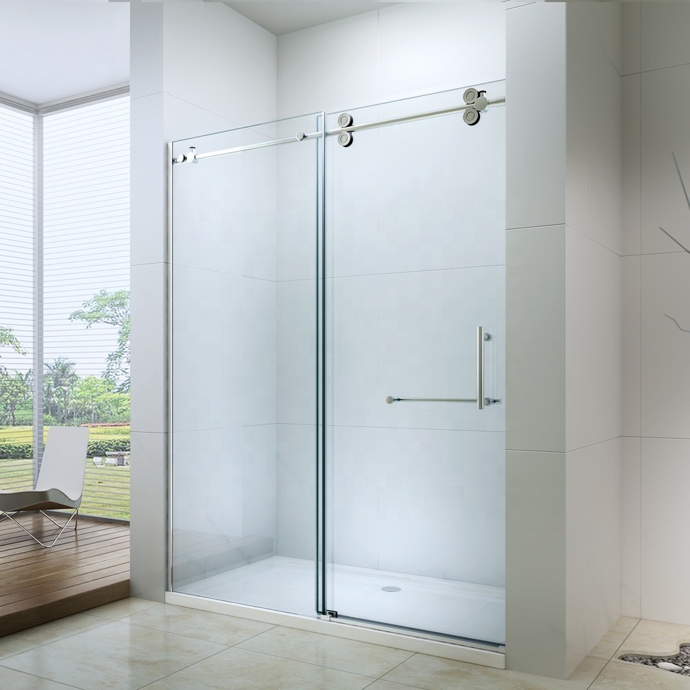 tempered glass shower wall panels with black hardware sliding door