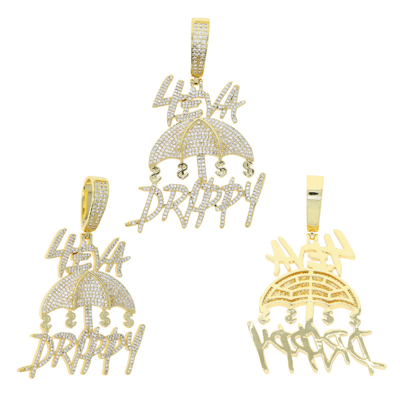 Iced Out Bling  Micro Pave 5A CZ Letter 4eva Drippy Dollars Umbrella Pendant Necklace Rock Punk Men Boy Hip Hop Jewelry