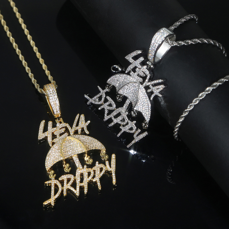 Iced Out Bling  Micro Pave 5A CZ Letter 4eva Drippy Dollars Umbrella Pendant Necklace Rock Punk Men Boy Hip Hop Jewelry