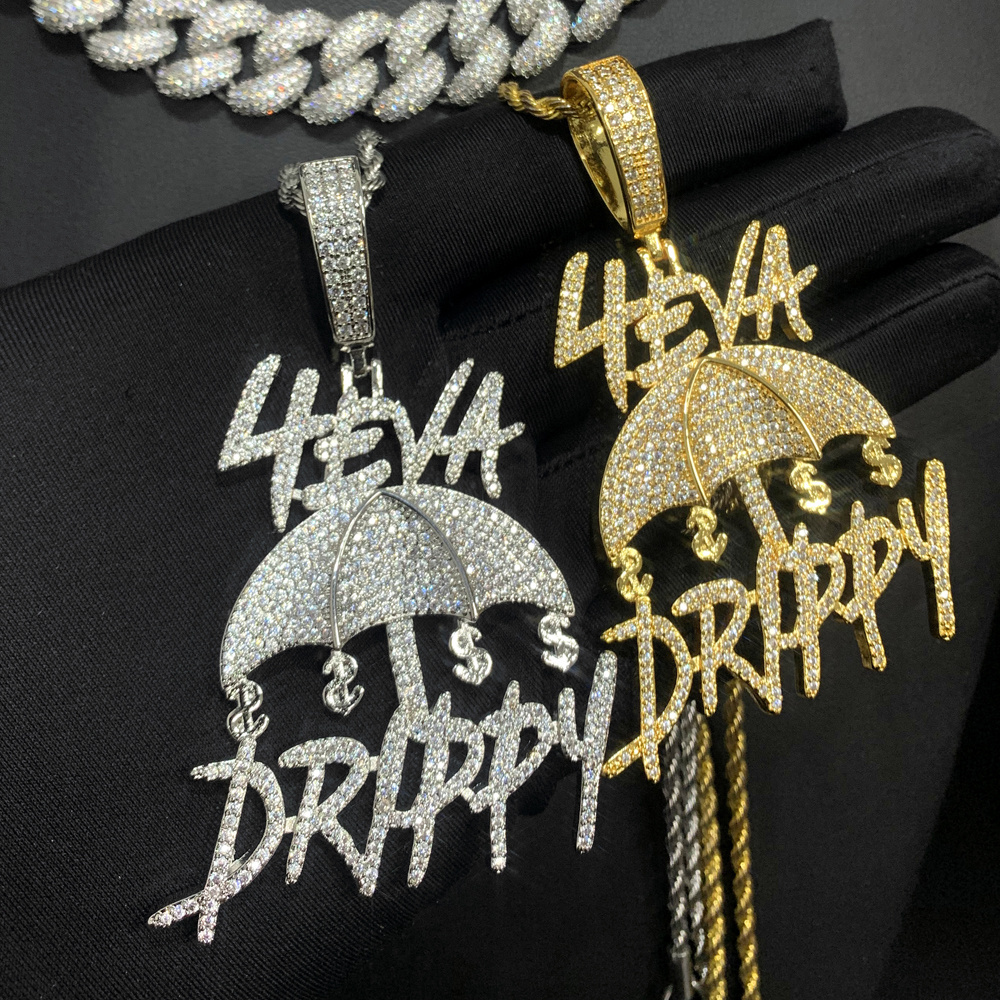 Iced Out Bling  Micro Pave 5A CZ Letter 4eva Drippy Dollars Umbrella Pendant Necklace Rock Punk Men Boy Hip Hop Jewelry