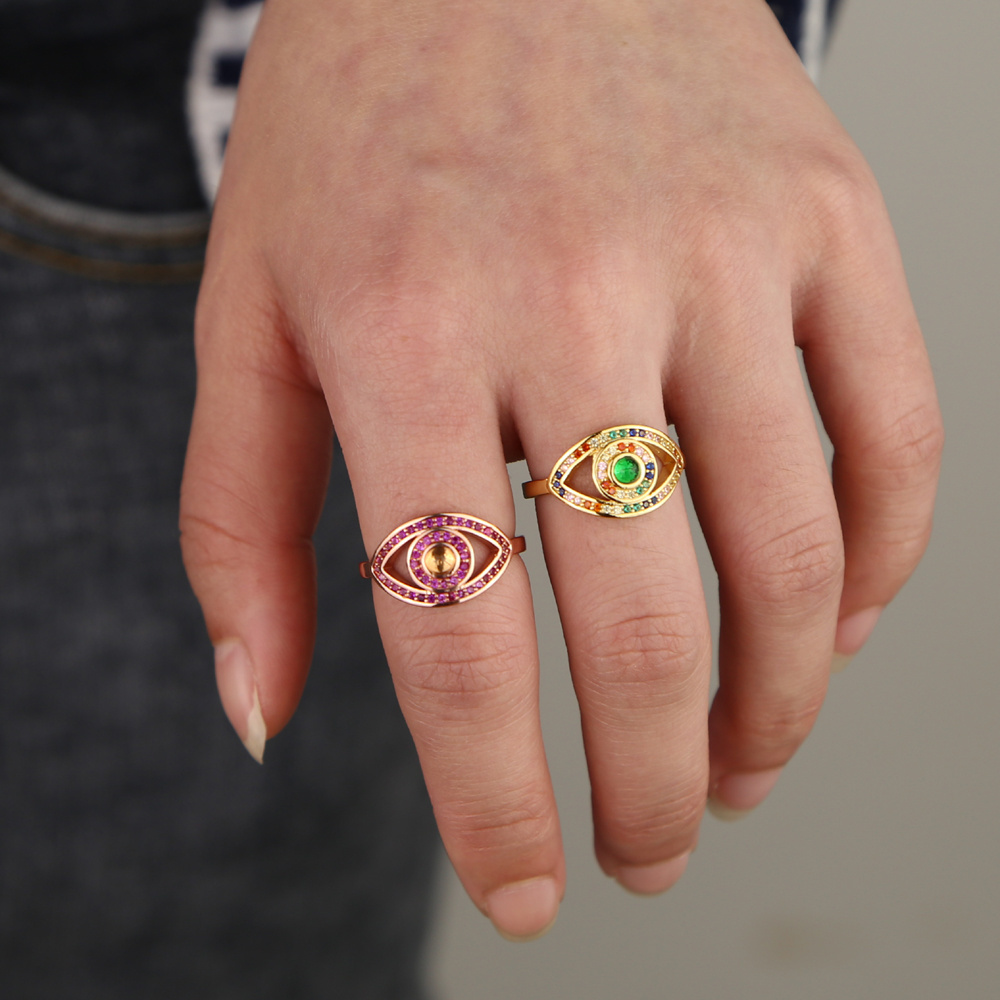 Promotion Gold rainbow cz rose gold red stone Turkish evil eye women rings 2021 Bohemia lucky evil eye finger ring