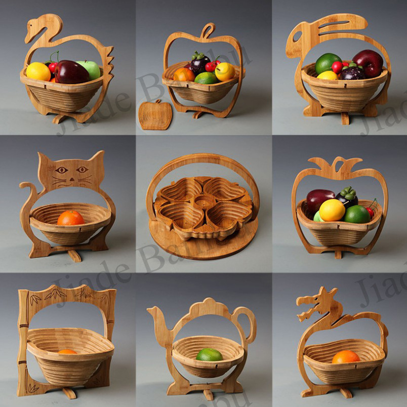 Natural foldable shape bamboo wooden craft fruit basket