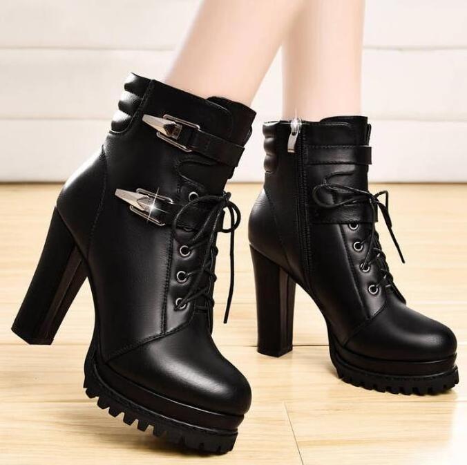 Women's thick heel ankle boots autumn and winter new British style high-heeled women's shoes plus velvet lace-up women's boots