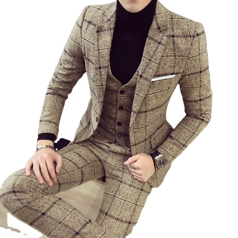 Men's suit set with three pieces Korean version slim fitting British casual trendy groom's wedding dress banquet plaid suit