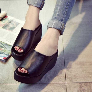 2020 new wedge heel sandals and slippers female summer sponge cake thick bottom slippers high heel word cool High Quality