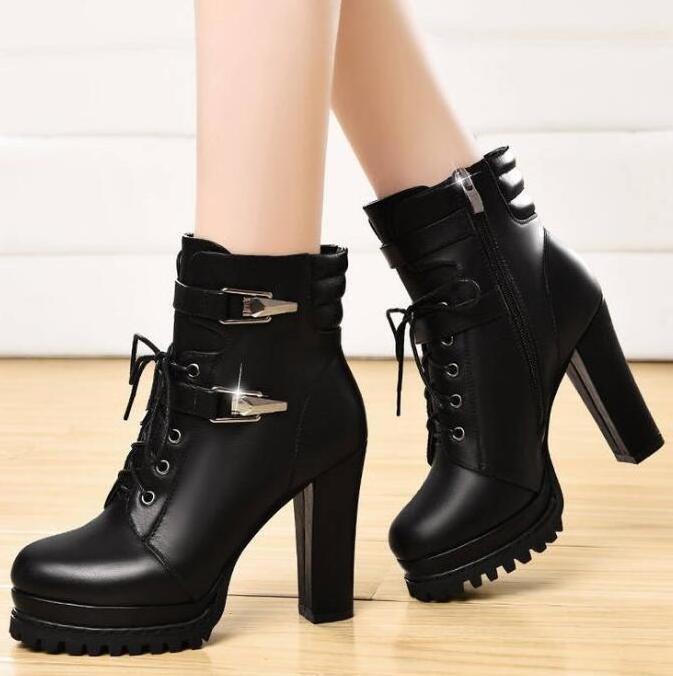 Women's thick heel ankle boots autumn and winter new British style high-heeled women's shoes plus velvet lace-up women's boots