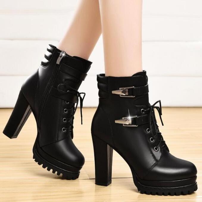 Women's thick heel ankle boots autumn and winter new British style high-heeled women's shoes plus velvet lace-up women's boots