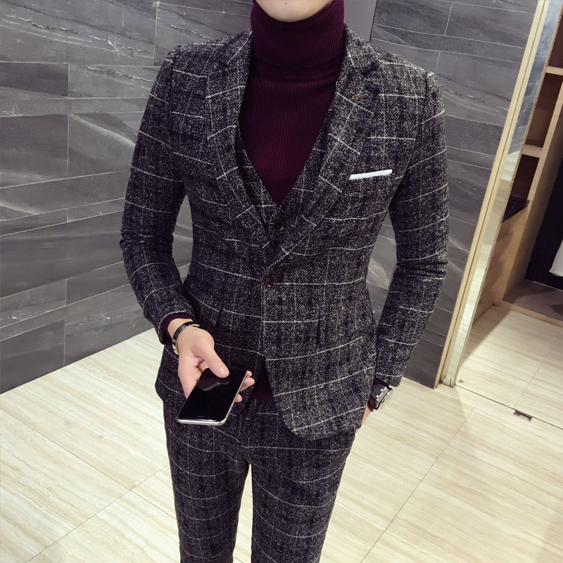 Men's suit set with three pieces Korean version slim fitting British casual trendy groom's wedding dress banquet plaid suit