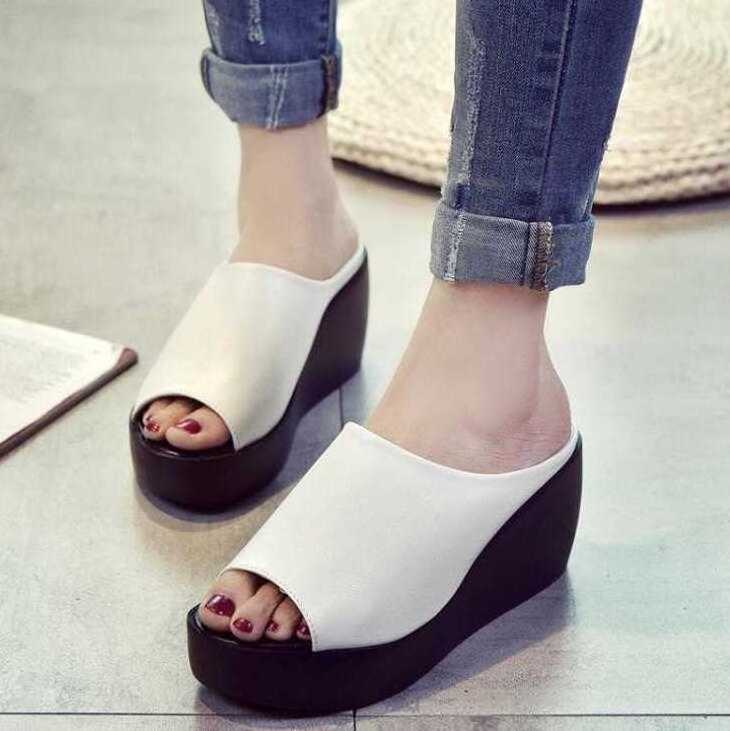 2020 new wedge heel sandals and slippers female summer sponge cake thick bottom slippers high heel word cool High Quality