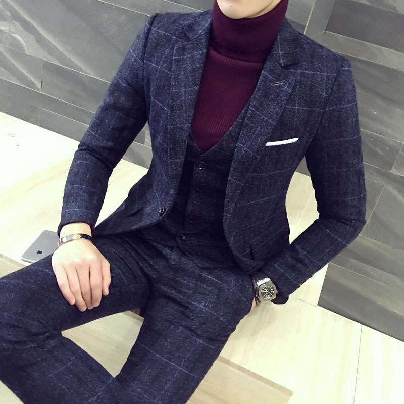 Men's suit set with three pieces Korean version slim fitting British casual trendy groom's wedding dress banquet plaid suit