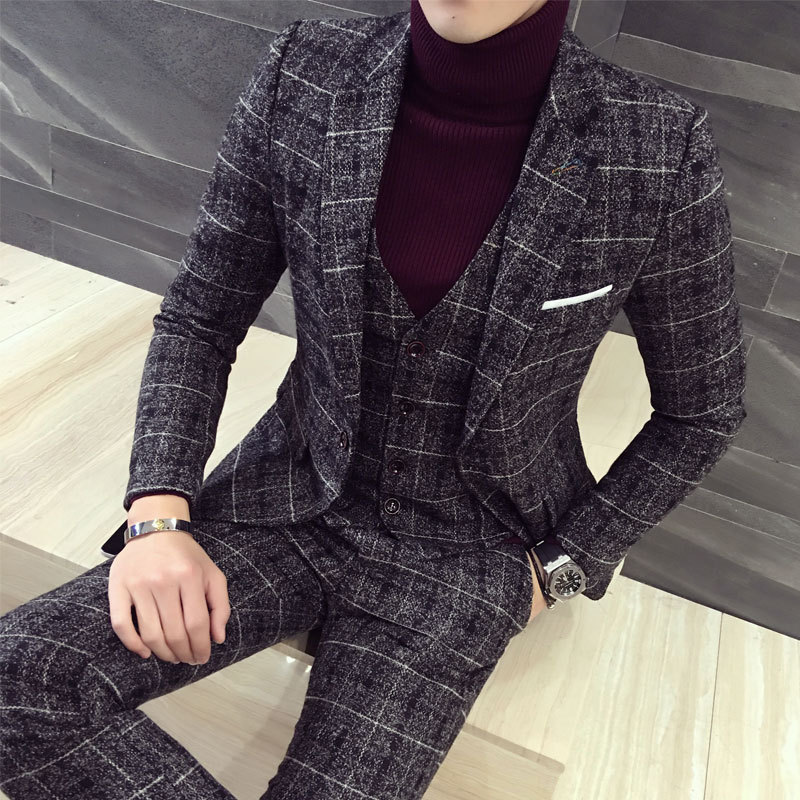 Men's suit set with three pieces Korean version slim fitting British casual trendy groom's wedding dress banquet plaid suit