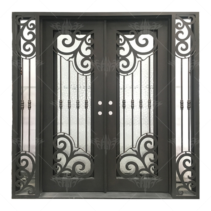 Foshan manufacturer exterior front entrance double wrought iron with glass entry doors design mesh screen entrance iron door