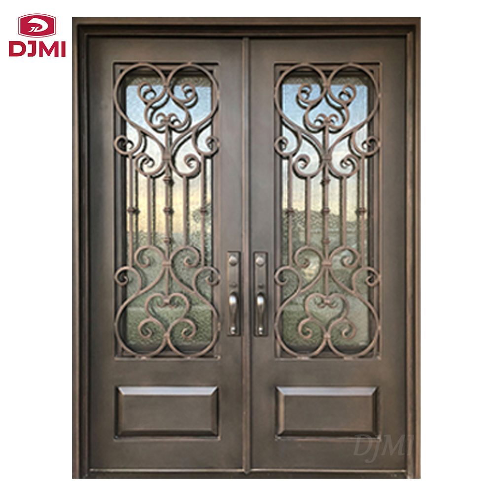 Foshan manufacturer exterior front entrance double wrought iron with glass entry doors design mesh screen entrance iron door