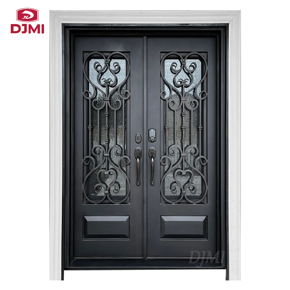 Foshan manufacturer exterior front entrance double wrought iron with glass entry doors design mesh screen entrance iron door