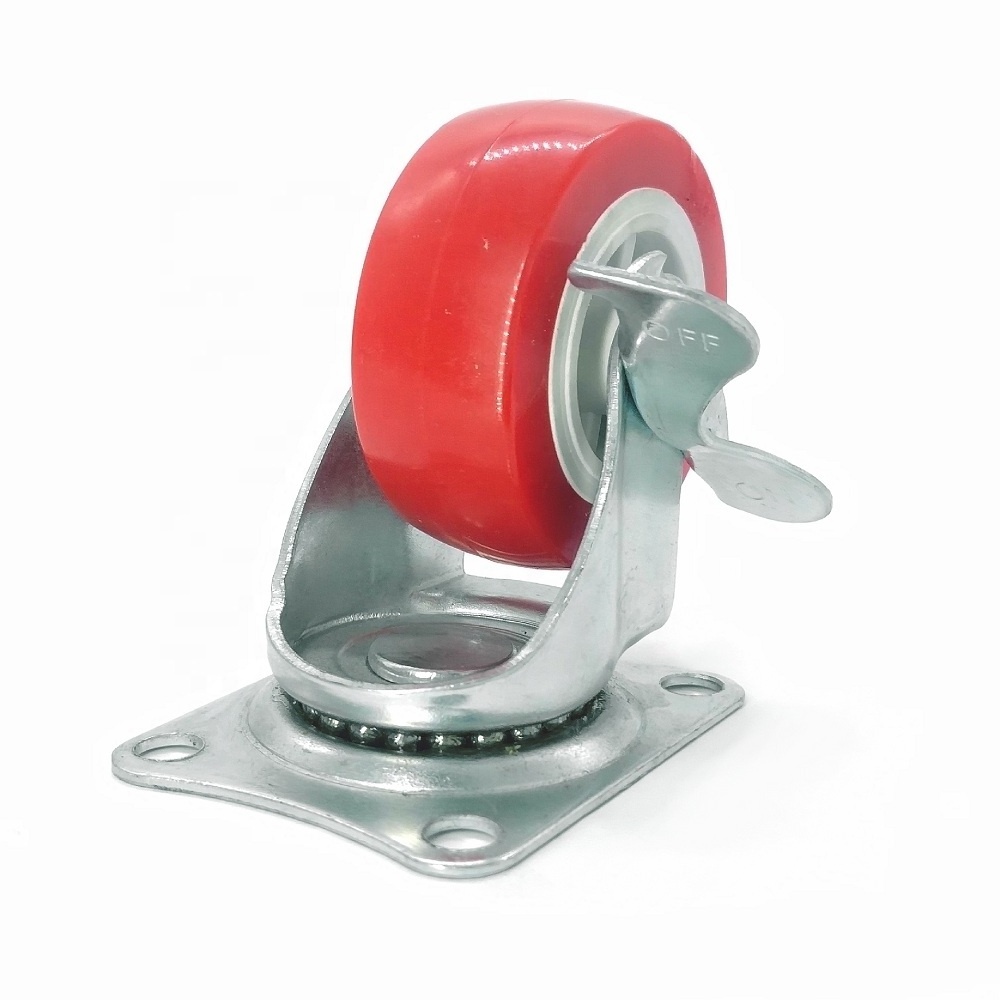 2 Inch 50mm Small Light Duty Funiture White Core Plastic Red Tyre PVC Revolving Side Locking Caster Wheel