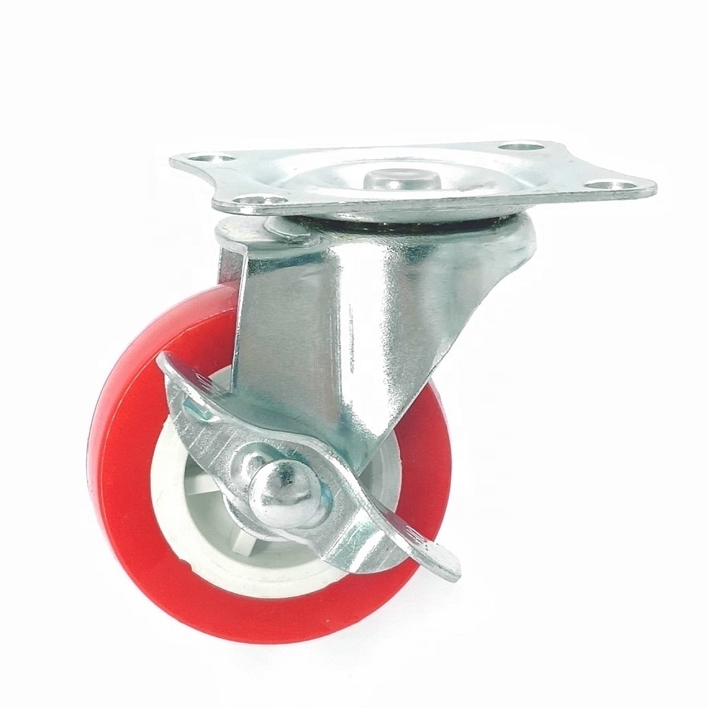 2 Inch 50mm Small Light Duty Funiture White Core Plastic Red Tyre PVC Revolving Side Locking Caster Wheel