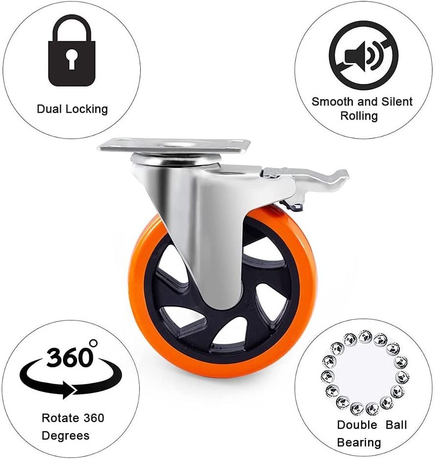 100mm Rueda Giratoria PVC Orange Castor Swivel Trolley Industrial 1.5 2 2.5 3 4 5Inch Heavy Duty Workbench  Caster Wheels