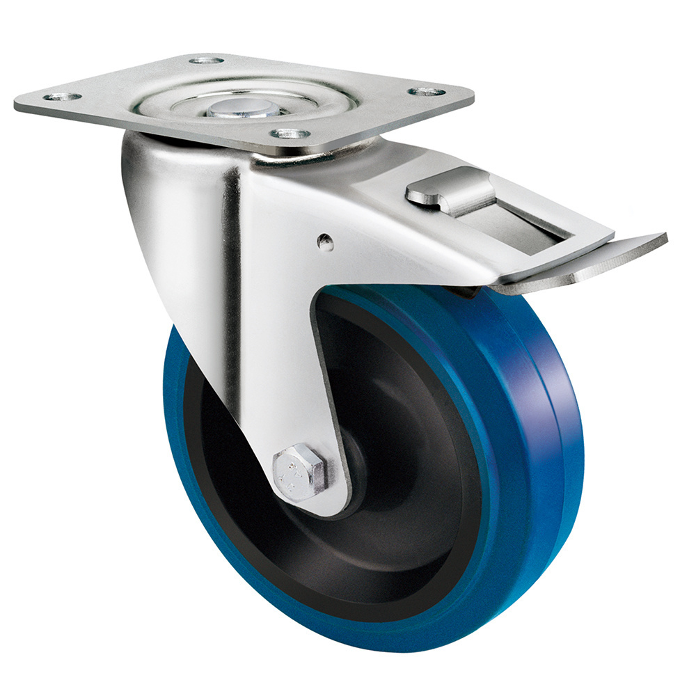 125mm European Style Industrial 5 Inch Workbench Caster Wheels With Roller Bearing Blue Elastic Rubber Casters Wheel