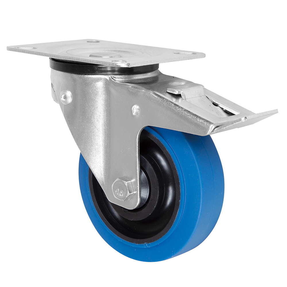 125mm European Style Industrial 5 Inch Workbench Caster Wheels With Roller Bearing Blue Elastic Rubber Casters Wheel