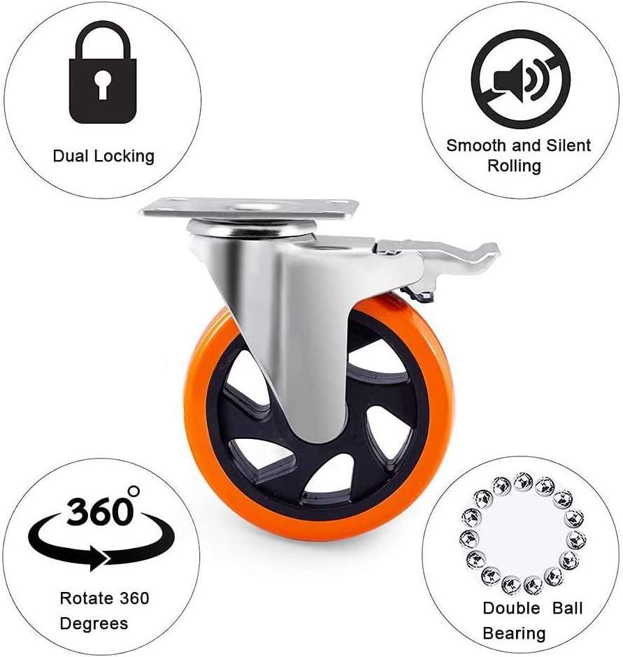 3/4/5/6 inch Rueda Giratoria Industrial Trolly Castor PU Orange Swivel Heavy duty Caster wheels for Workbench