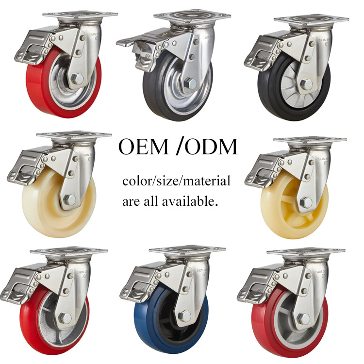 4/5/6/8 Inch Swivel Red Pu Wheels Stainless Steel Customized Heavy Duty 360 Degree Castor Wheel with Lock