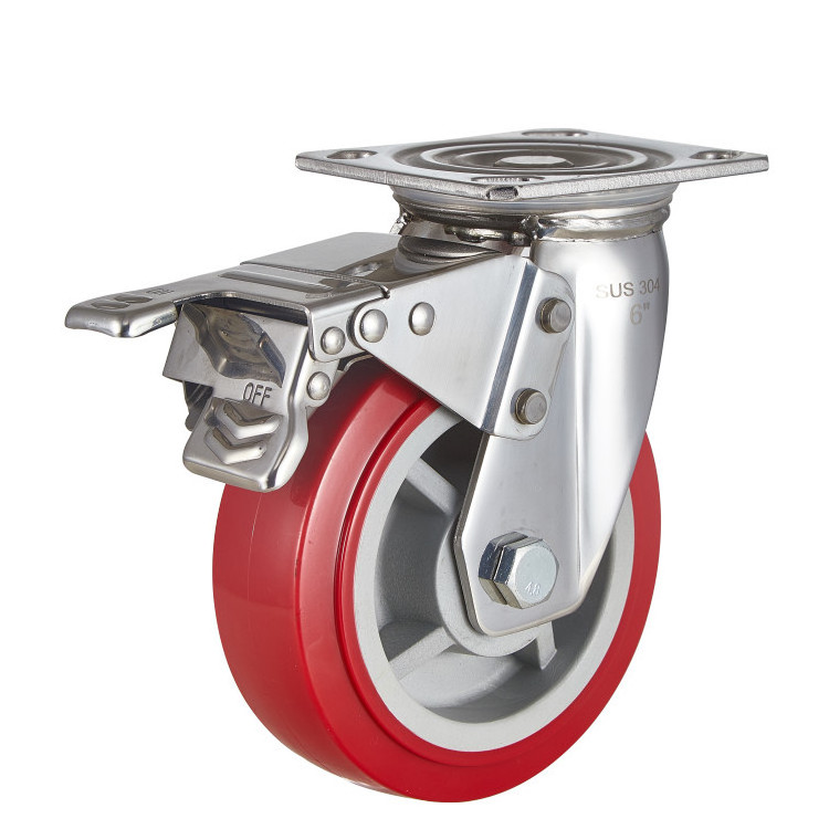 4/5/6/8 Inch Swivel Red Pu Wheels Stainless Steel Customized Heavy Duty 360 Degree Castor Wheel with Lock